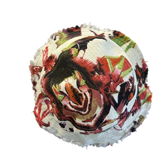 Floral Pistil Bucket Hat Cream Red Pink Flowers Khaki Band Boho Resort Wear - Picture 6 of 9